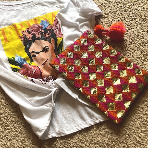 Anthropologie sequin and embroidery clutch 9” x 7” zip closure, tassel end - Picture 2 of 6